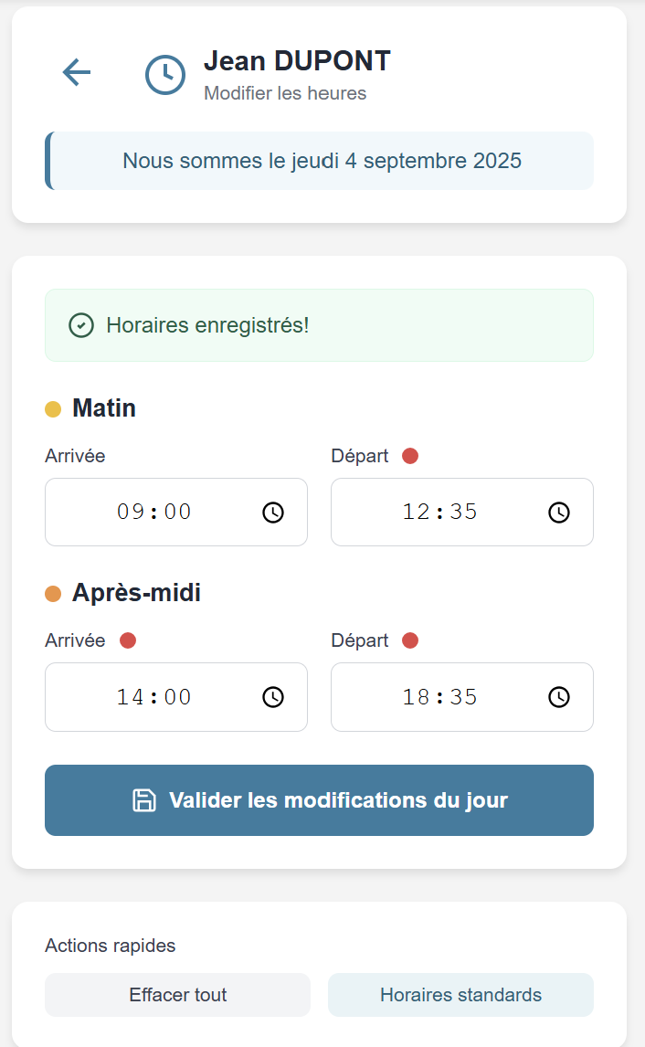 Saisie des horaires du jour