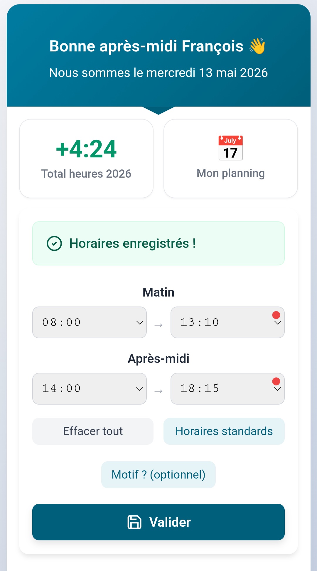 BadouBoard - Saisie manuelle des horaires