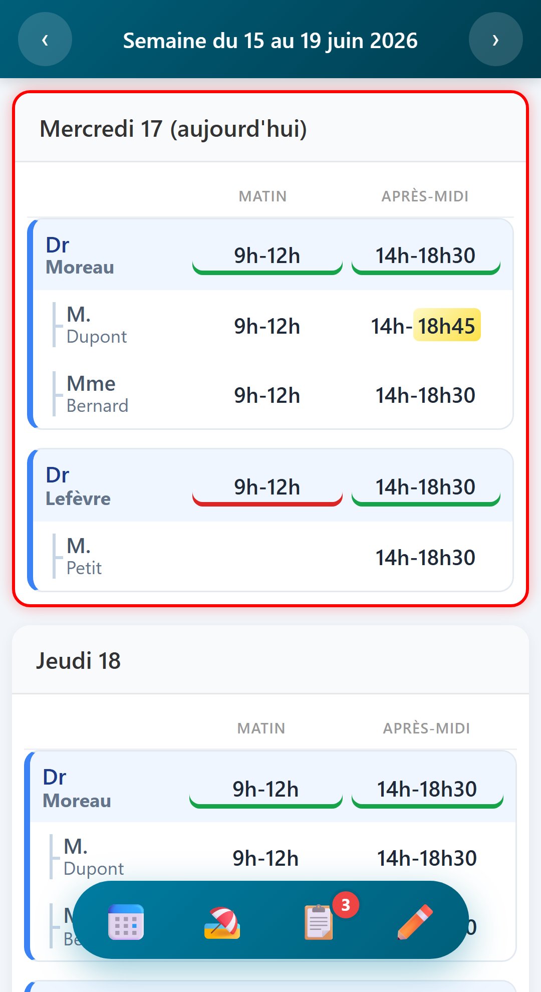 BadouBoard - Planning de l'équipe par praticien