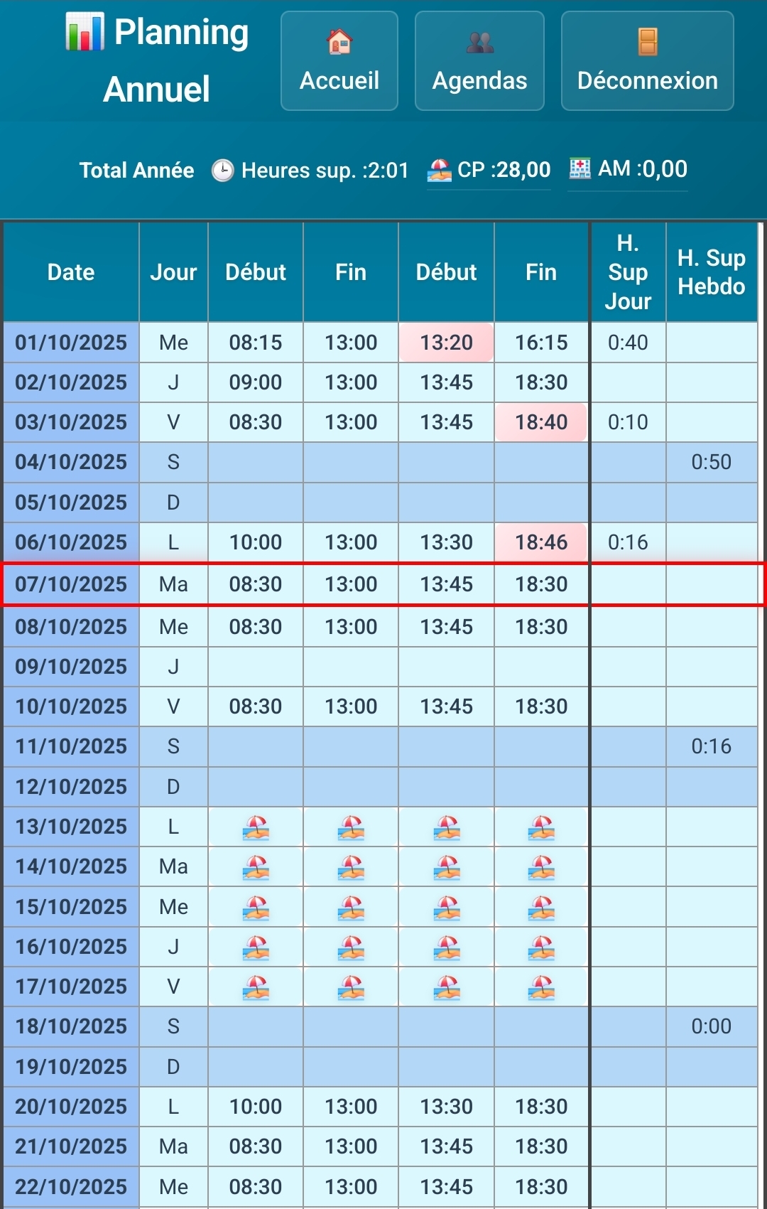 Vue complète du planning